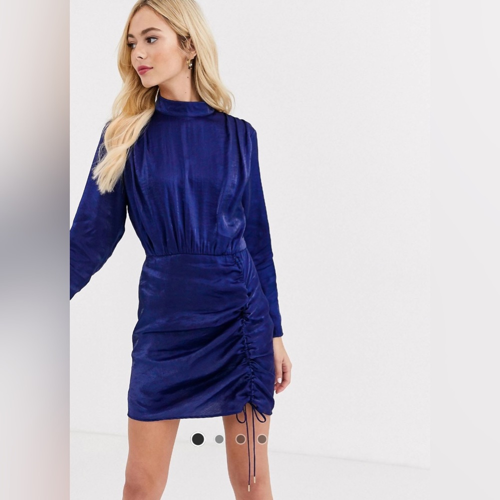 Finders Keepers rouche detail long sleeve satin dress in midnight blue size S
